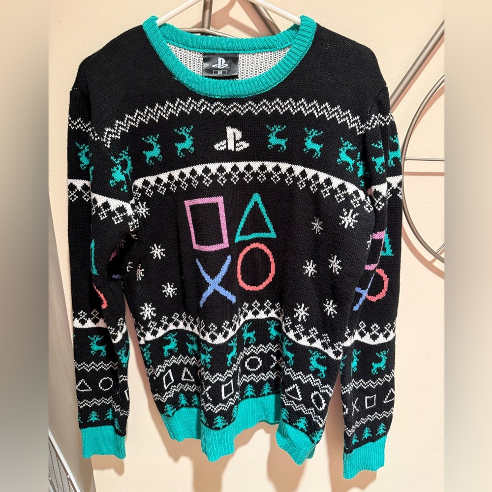 Sony PlayStation Green and White Knit Ugly Christmas Sweater, Size M